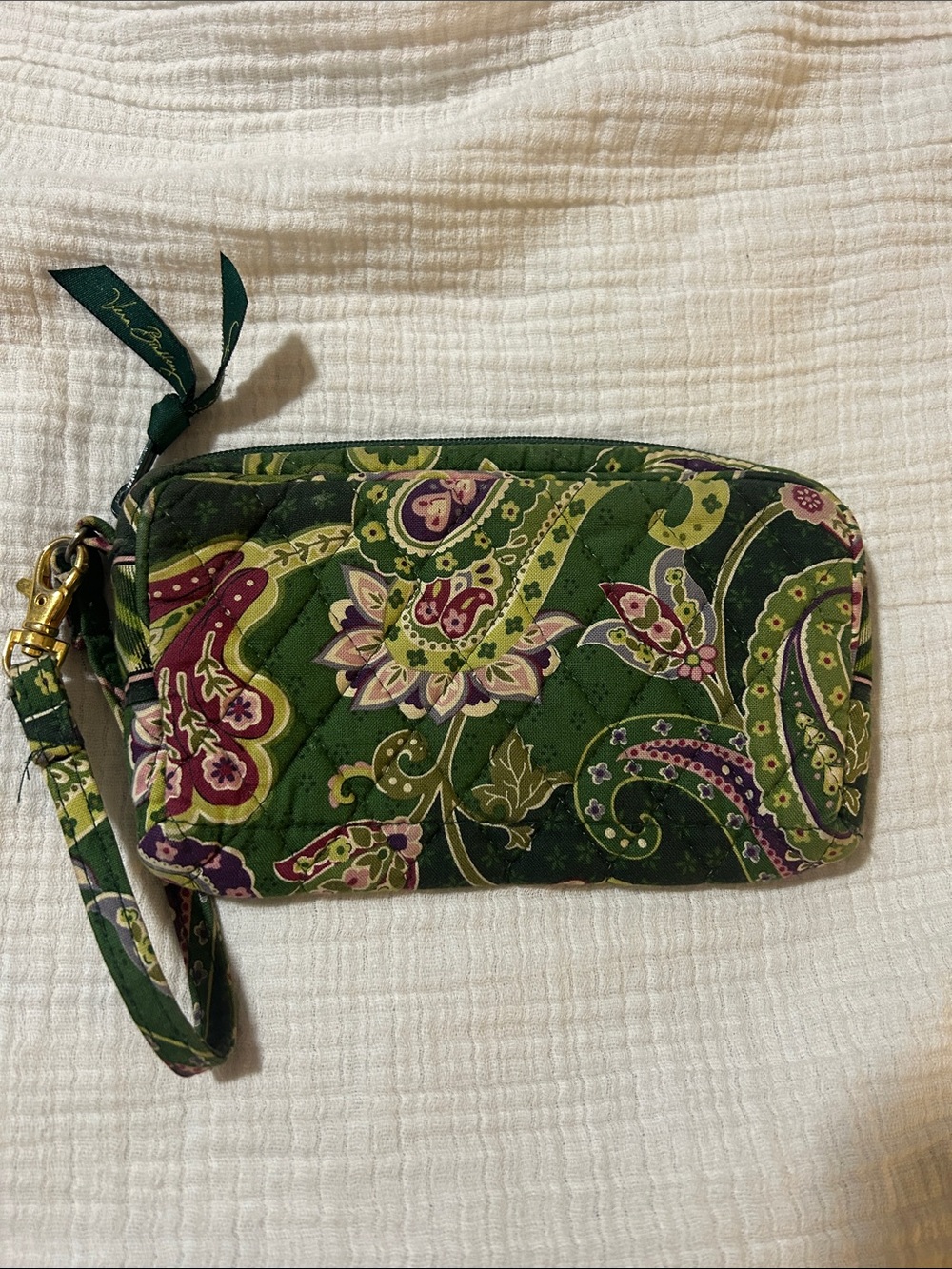 Vera Bradley Green Quilted Paisley Wristlet with Purple Accents